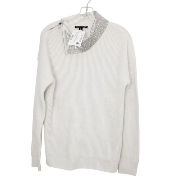 Inc International Concepts SHIMMER Sweater L WHITE Shiny Silver COLLAR $100 New - Picture 1 of 16